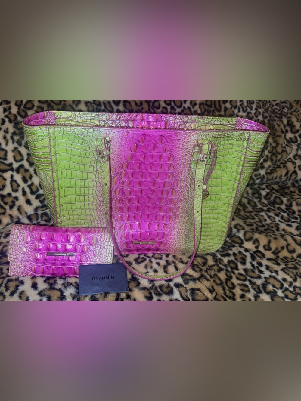 Brahmin Limeade Croc-Embossed Leather Tote w/matching wallet